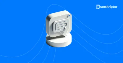 Ikonické znázornění přepisu hlasové schránky na modrém pozadí, které symbolizuje převod zvuku na text.