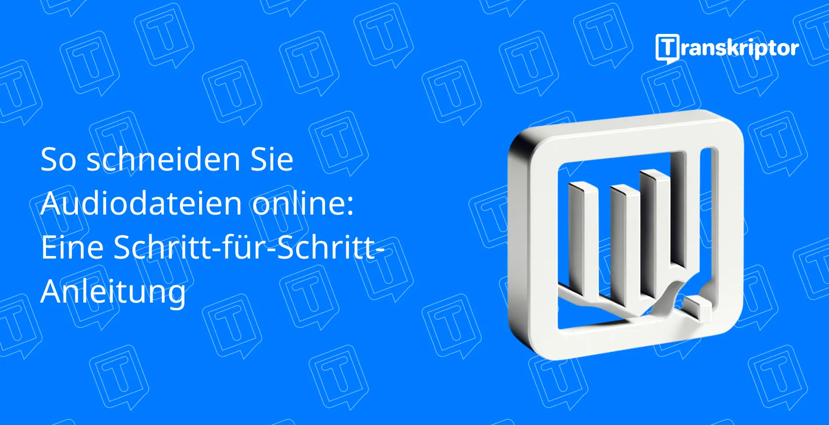 Eine digitale Anleitung zum Trimmen von Audiodateien online mit einem Logo mit abstrakten Buchformen.