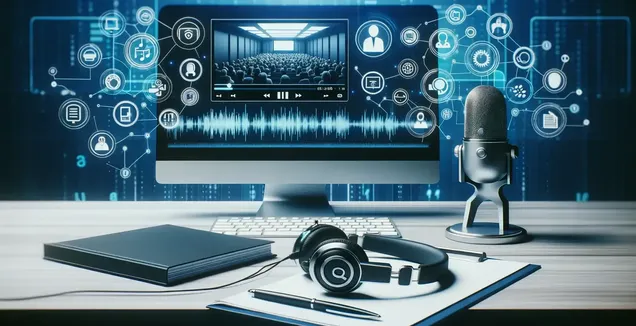 Text dictation professional in a studio with headphones and mic prepares with a holographic interface on his laptop.