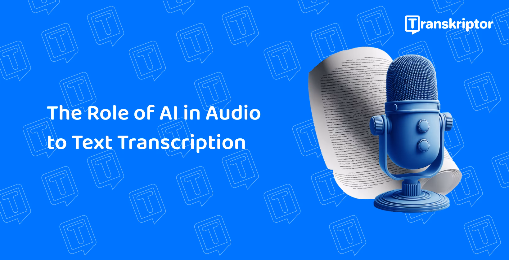 AI-powered audio to text transcription with a microphone and document, highlighting the efficiency of AI technology.
