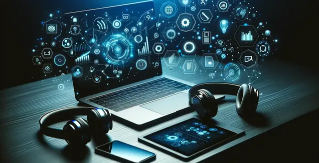 Manual transcription software represented in a workspace with laptop, holographic icons, headphones, tablet, and phone