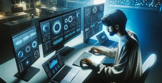 Transcription software hinted by a person working late, monitors showing advanced waveforms & data