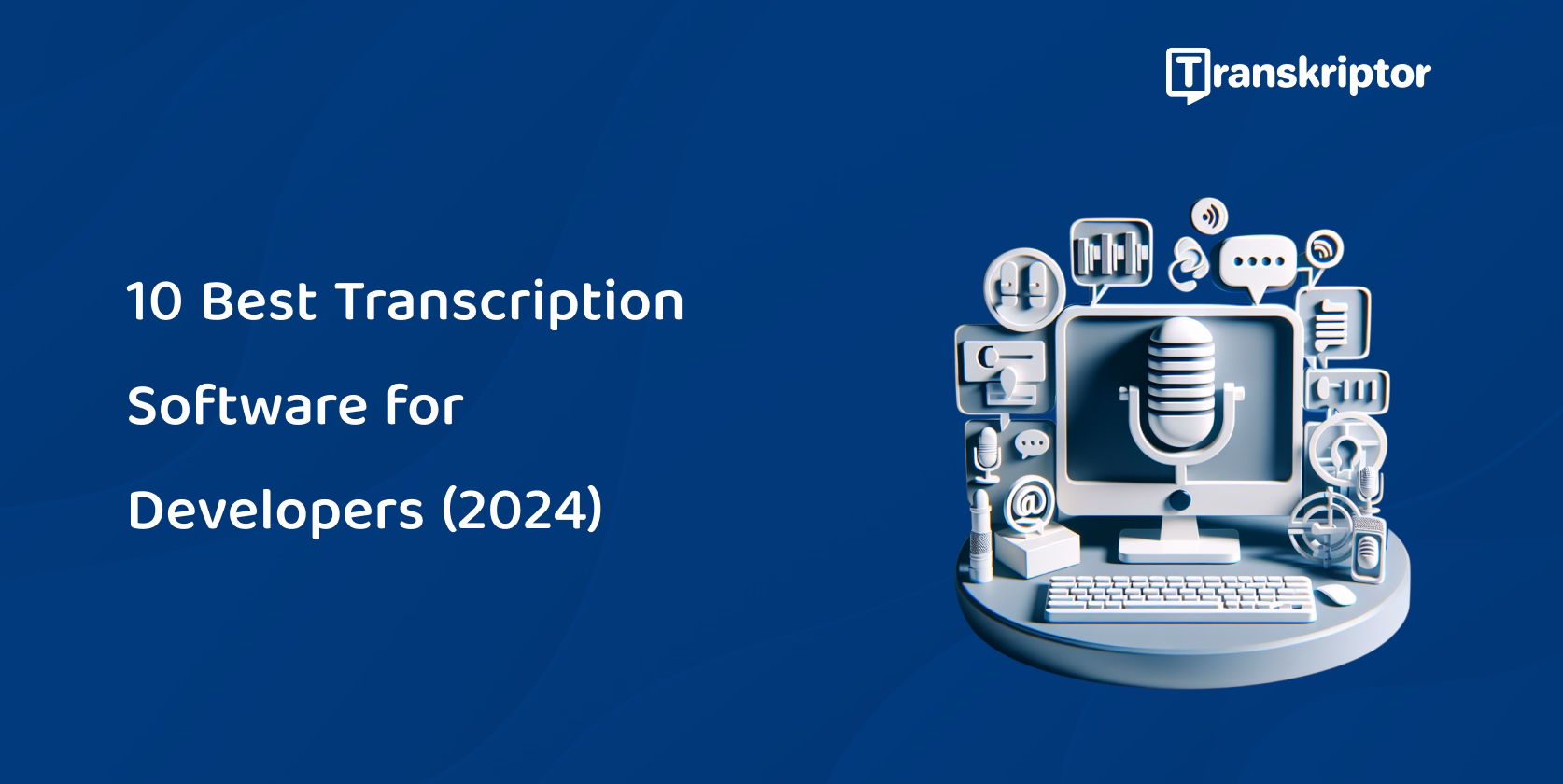 Illustration of the top transcription software icons and a microphone, highlighting tools for developers in 2024.