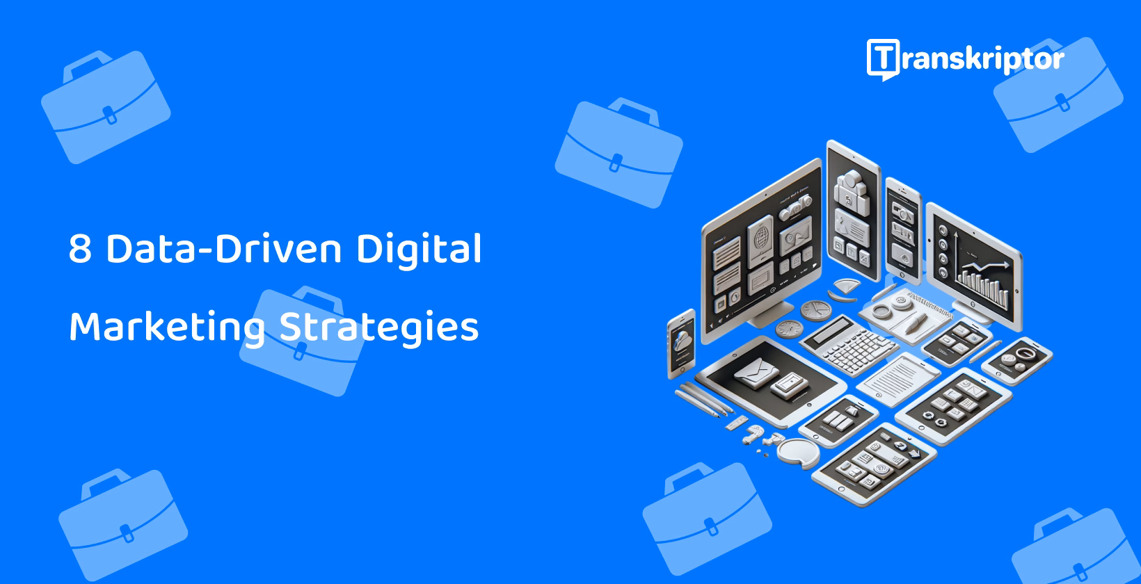 Digital marketing strategy visualization with isometric devices, illustrating data-driven techniques for online success