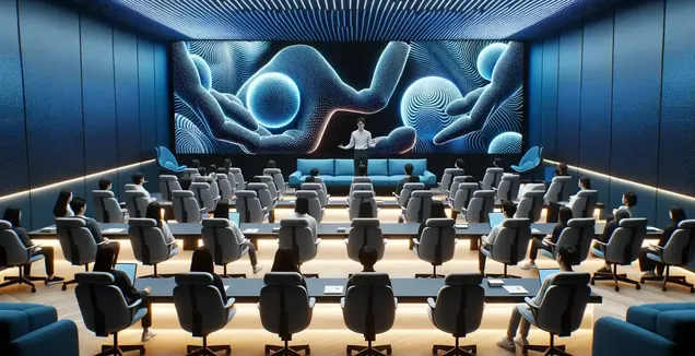 Modern lecture hall filled with attendees seated on plush chairs, each equipped with individual workstations