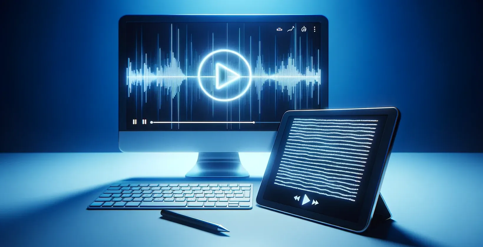 Linkedin-videos-text seen on a modern digital workstation with a monitor, tablet, and phone on a blue-lit background