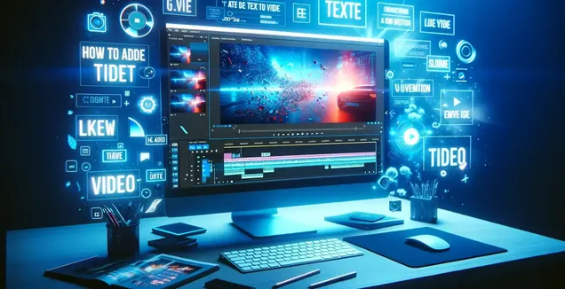 Add text to video in QuickTime depicted by a futuristic video editing station with holographic tools.