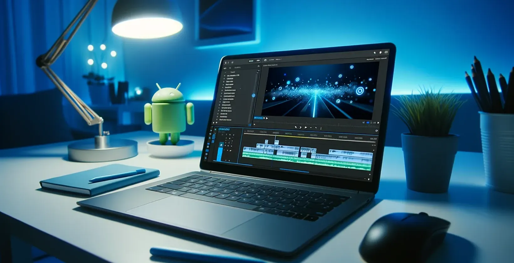 Add text to video on Vegas Pro setup with a desk holding an Android figurine, lamp, pencils, notebook, and stylus