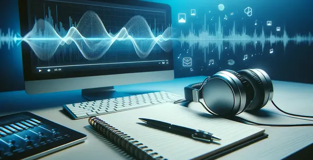 A futuristic audio and video editing workspace illuminated by a soft blue glow.