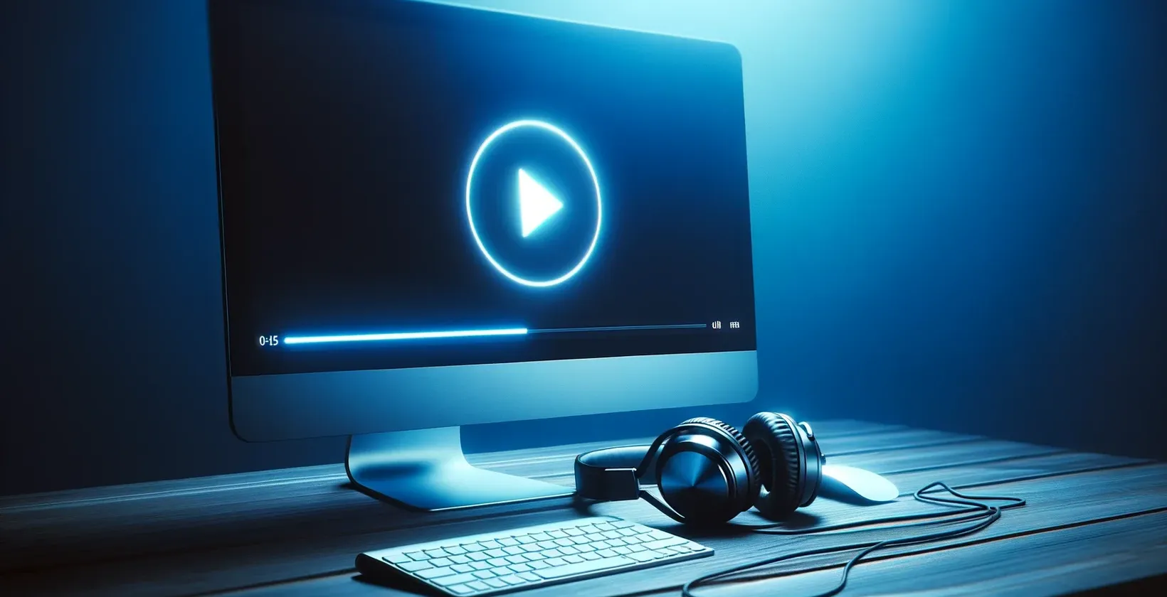 Add text to video with Movavi depicted by a computer on wood showing a play icon, alongside a keyboard and headphones