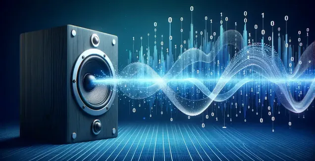 Wooden speaker emitting vibrant sound waves intertwined with binary code, signifying AAC audio conversion to text.