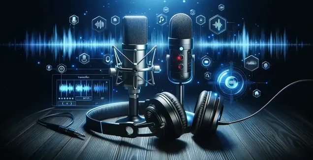 Two professional microphones stand in the foreground with a glowing digital waveform extending between them.