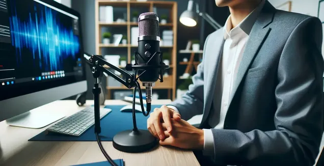 Audio-to-text-with-Yandex depicted by a person, poised in a recording space in front of a high-end desk microphone.