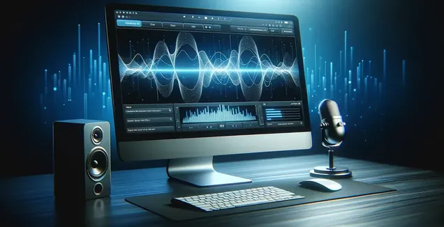 The computer monitor displays intricate audio waveforms and control panels, suggesting advanced audio editing software.