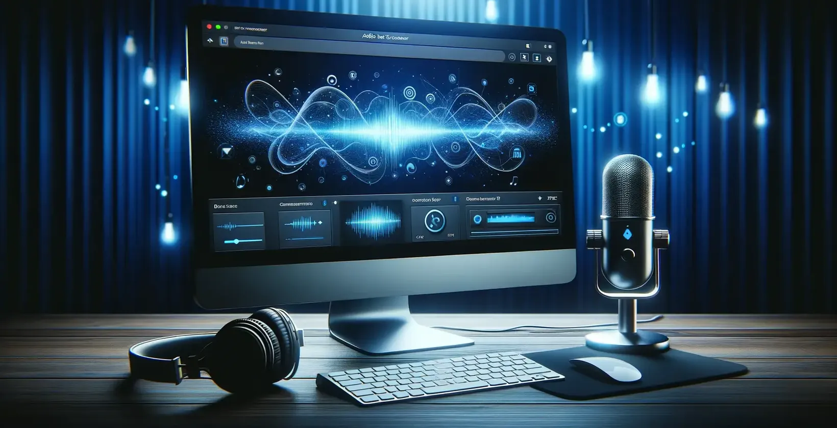 סצנת M4A לטקסט מציגה הגדרת מחשב עם צורת גל שמע על המסך