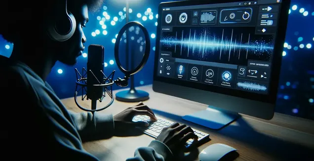 A focused individual wearing headphones sits in front of a microphone and a computer monitor