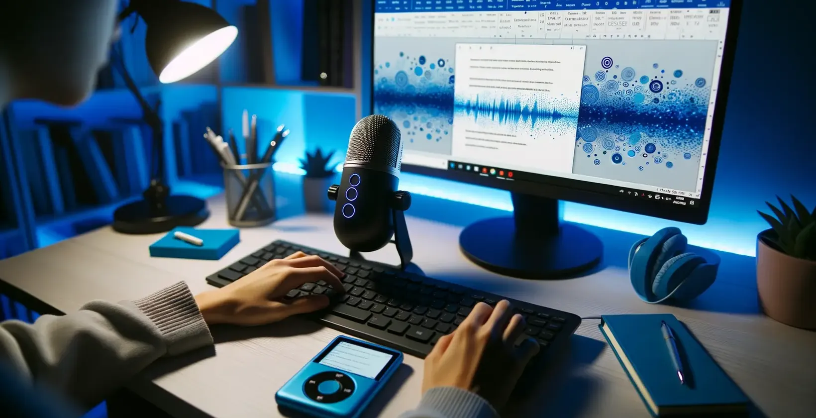 Google Docs interface shows a person in a room studying on a monitor, hinting at speech to text conversion.