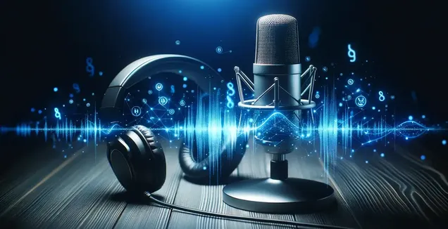 A state-of-the-art microphone stands prominently against a backdrop of intricate digital patterns