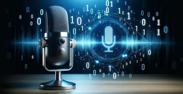 Voice-to-text on WeChat, sophisticated microphones stand out against a backdrop of digital codes and futuristic icons.