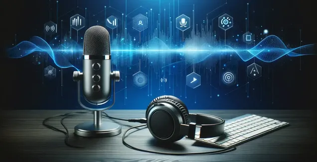 Voice-to-text on Yahoo Mail, modern microphones are highlighted amidst digital symbols and audio wave graphics.