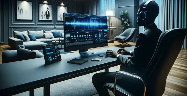 A sophisticated room with a figure wearing headphones, intently working on a computer that displays an intricate audio