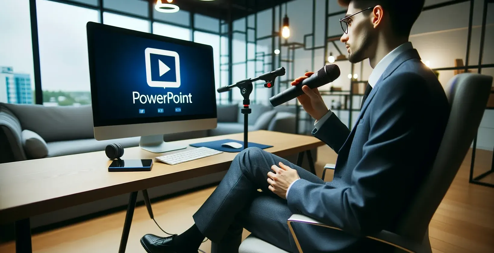 Man in office with mic looks at monitor displaying the PowerPoint logo.