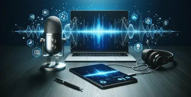 Apple podcasts and transcription tools featured with a laptop, headphones, and mic on a wood table