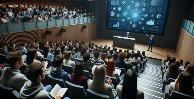 Auditorium with audience watching a screen at a lectures-transcription event