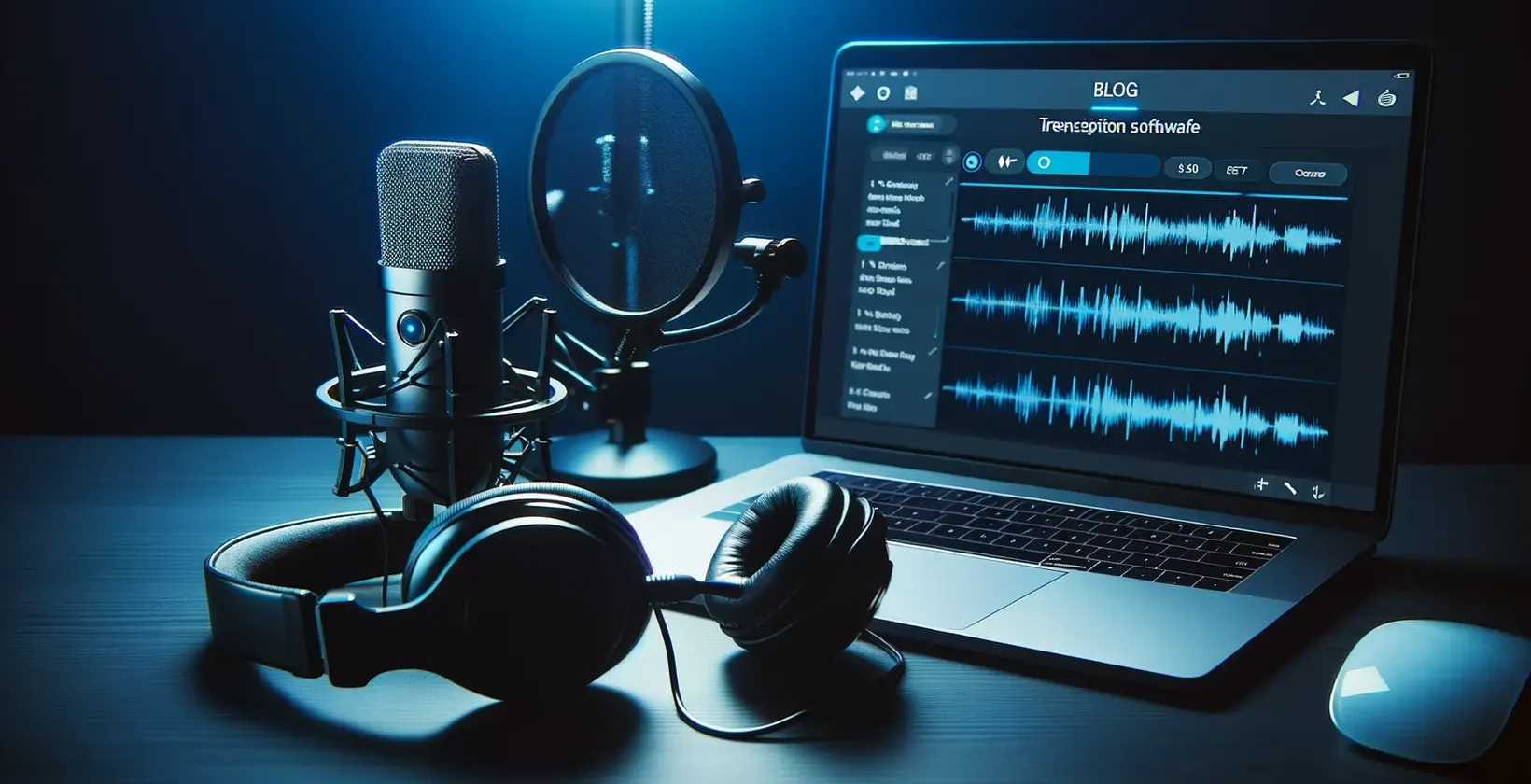 Graphic showing VLC audio transcription process with player symbols, sound waves, highlighting audio to text.