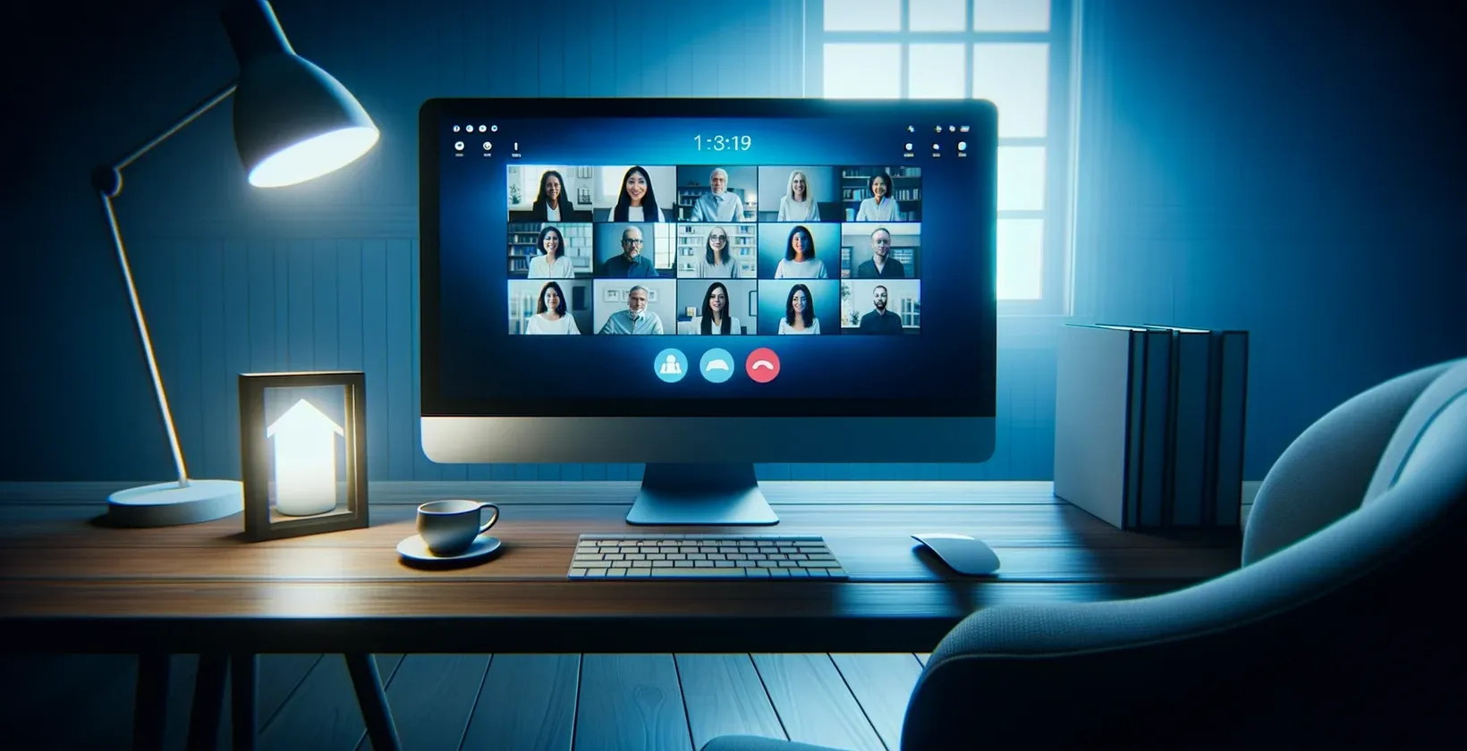 Illustration highlights 2023's modern Zoom meeting transcription with digital elements, showcasing tech evolution