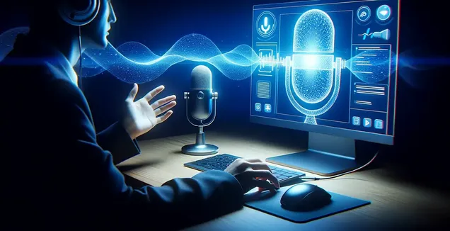 A person in formal attire sitting at a computer, wearing headphones and using a microphone to transcribe files to text.