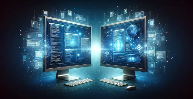 Two computer monitors displaying digital images of inqscribe and transkriptor software