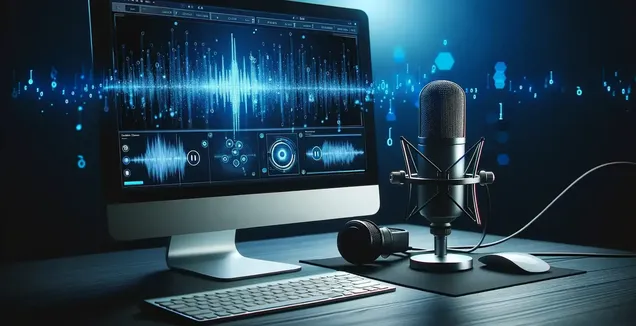 A computer monitor and microphone displaying sound waves, used for audio transcription.