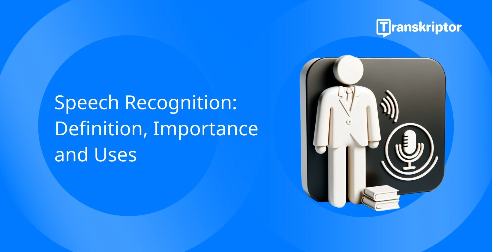 Speech recognition, showing a figure with microphone and sound waves, for audio processing technology.