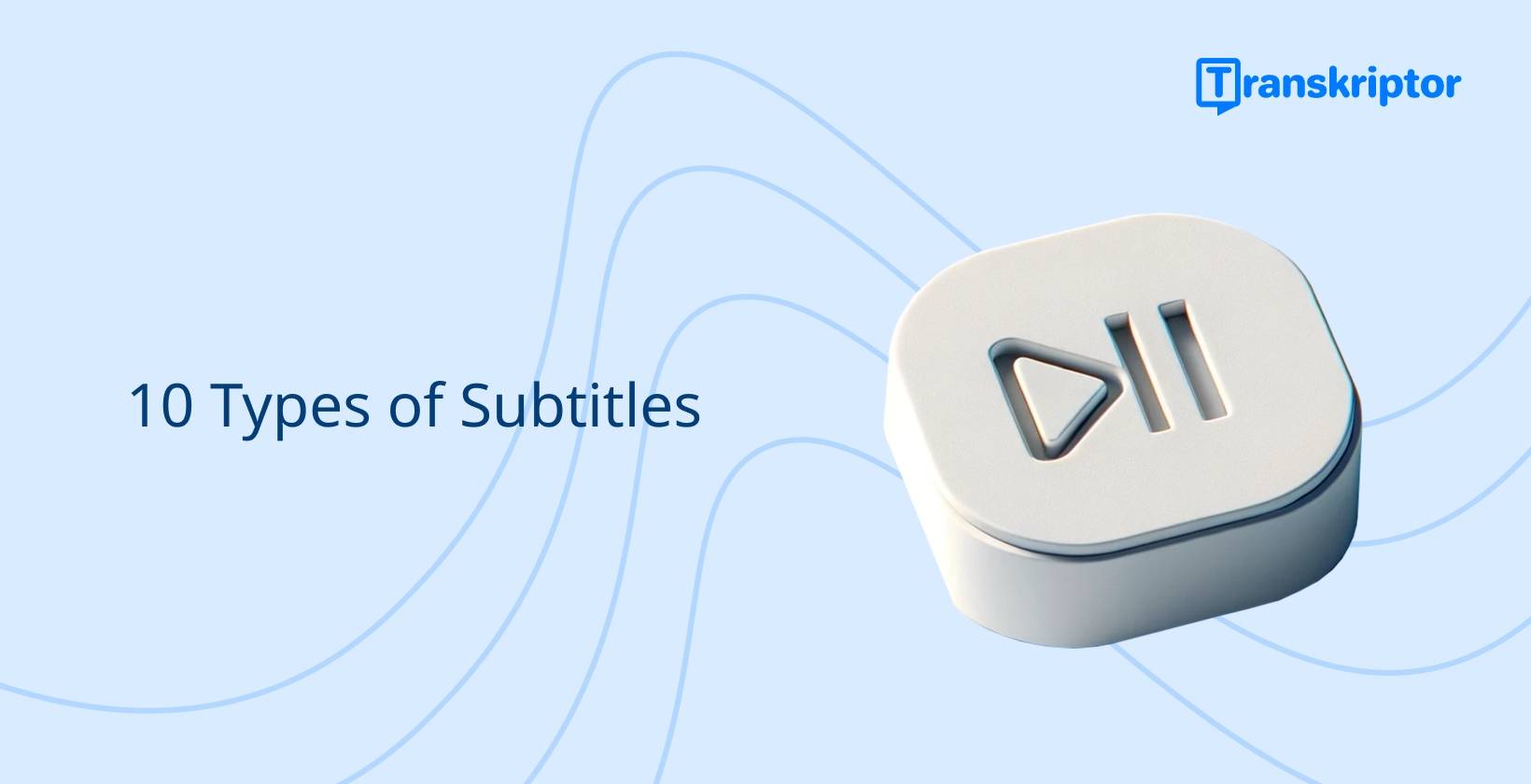 Exploring 10 subtitle types, with a play-pause button, highlighting video editing tools.
