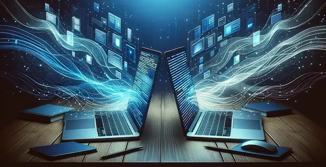 Two laptops with a digital background are connected to each other