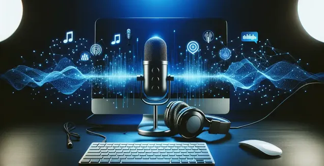 An organized desk with a microphone, headphones, and computer, utilized for audio files transcription.