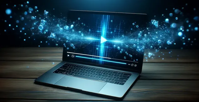 Audio-to-text-transcription visualized by a laptop on a surface, with effects making audio seem merged with reality.