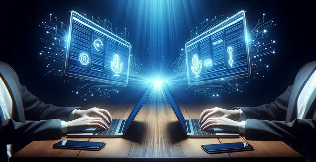 Two individuals, unseen except for their hands and part of their suit, sit opposite each other at a wooden table.