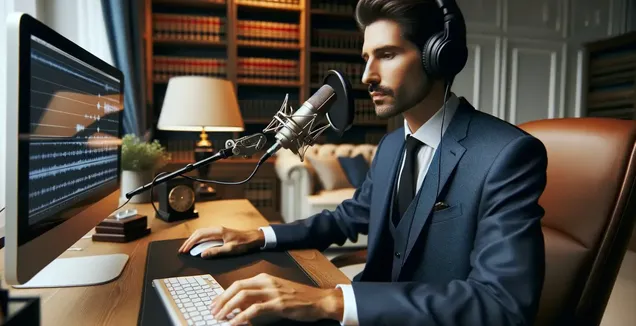 Lawyer in suit using transcription software to analyze legal recordings.