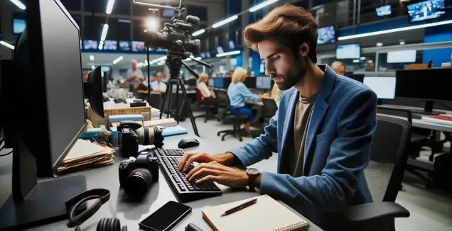 Journalist at a busy newsroom with using transcription software on his computer.
