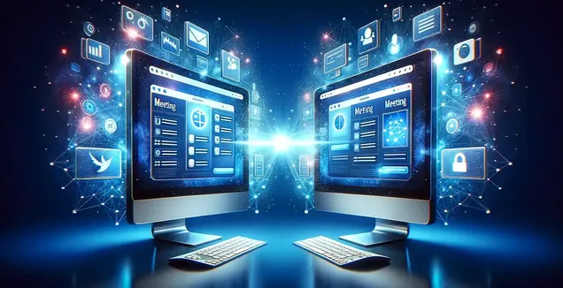 Futuristic monitors show an interface labeled 