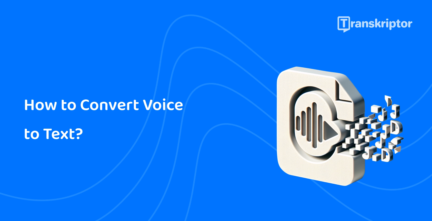Voice to text conversion illustration showing sound waves turning into text cubes, depicting speech transcription technology.