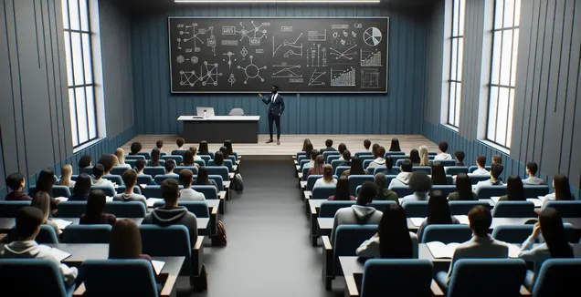 Note-taking strategies emphasized by an instructor presenting in a modern classroom with a detailed blackboard.