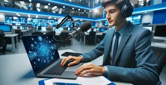 Man with headphones and microphone, laptop showcasing digital interface, highlighting interview transcription.
