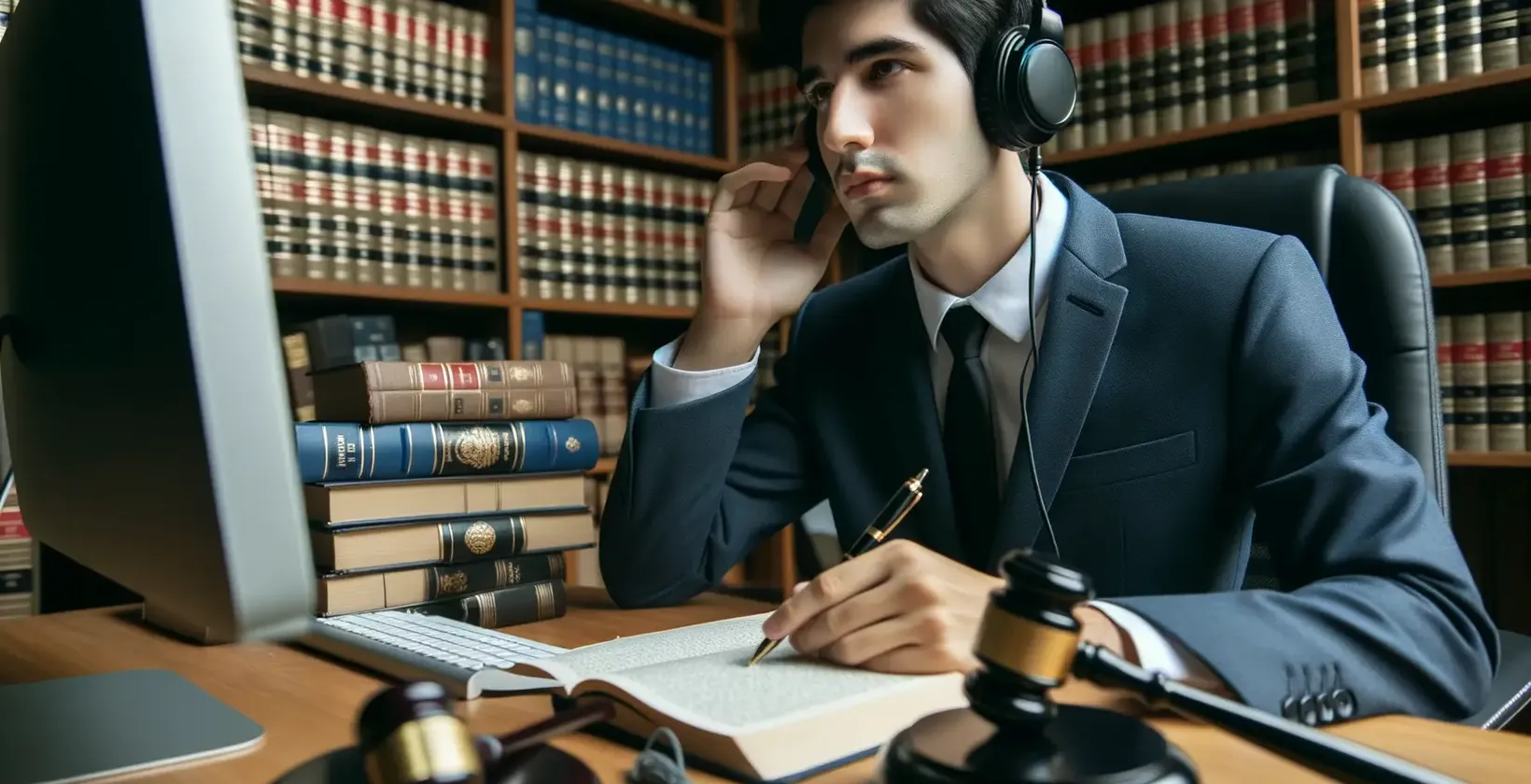 Legal transcription services showcased by a professional with headphones in a law library.