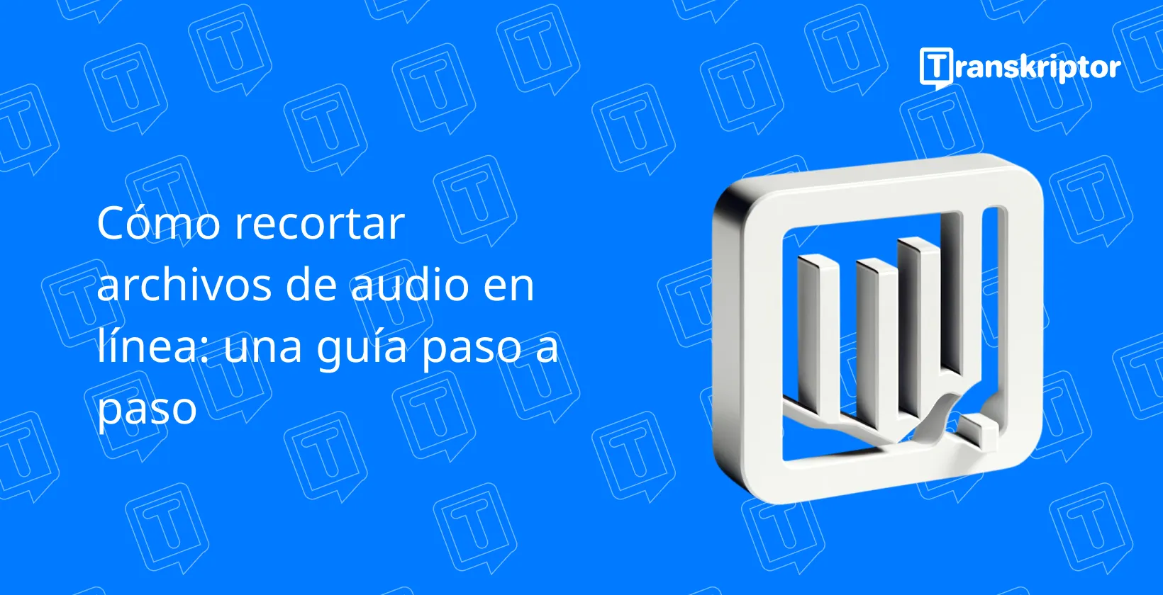 Una guía digital sobre cómo recortar archivos de audio en línea con un logotipo con formas de libros abstractos.