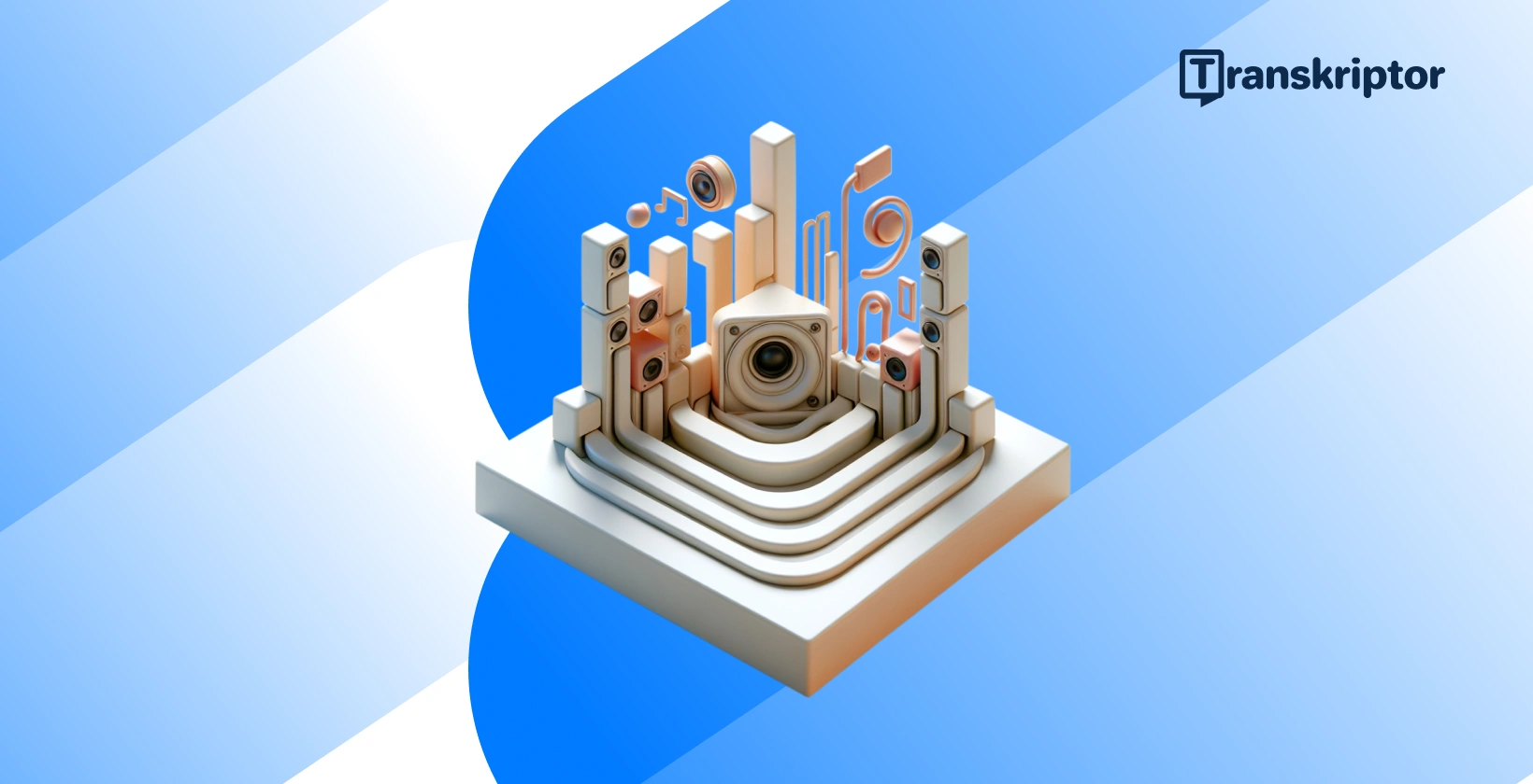 Abstraktní sestava s notami a prvky mluvčího znázorňující zásadní roli hudební transkripce pro hudebníky.