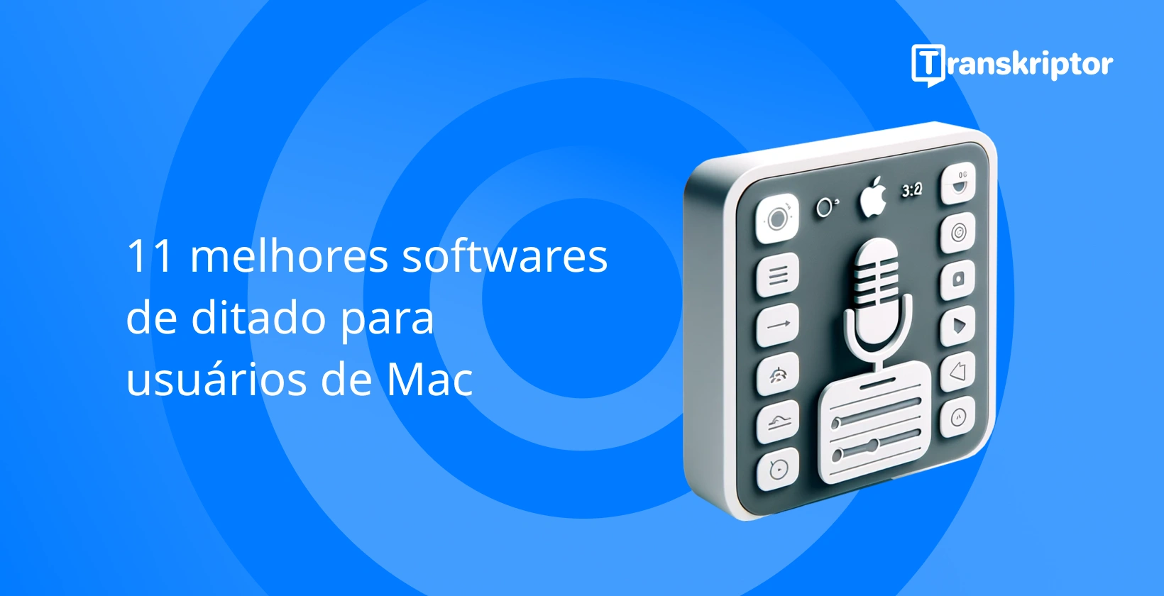 Melhor software de ditado para Mac com microfone e logotipo da Apple, indicando compatibilidade.