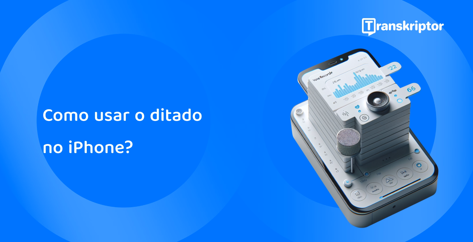 Tutorial detalhado sobre como usar o recurso de ditado do iPhone com um visual de uma interface de gravador em um smartphone.